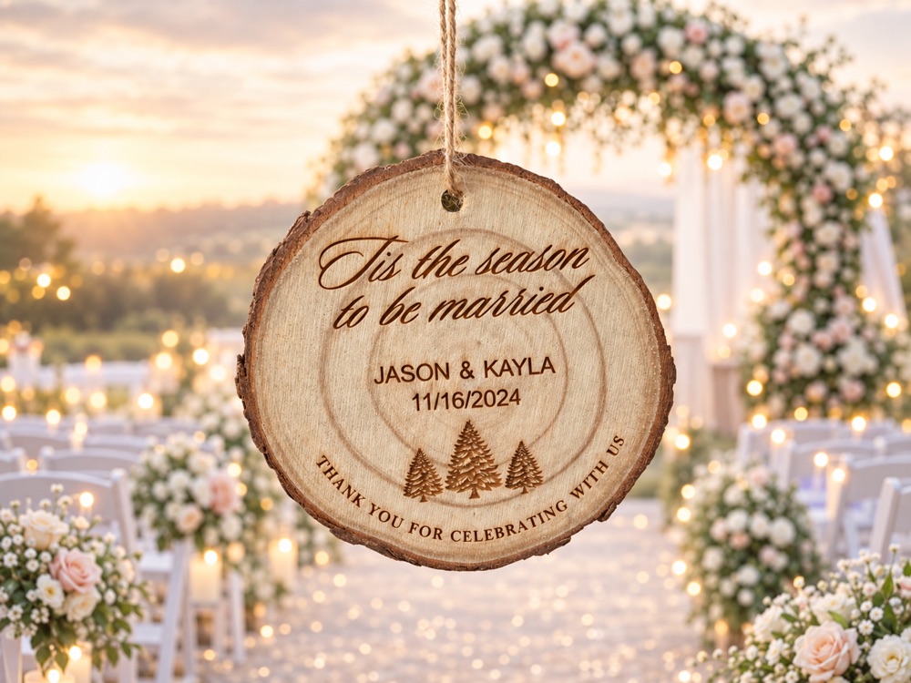 Round wooden wedding keepsake engraved with personalized lettering, a date, and evergreen trees.